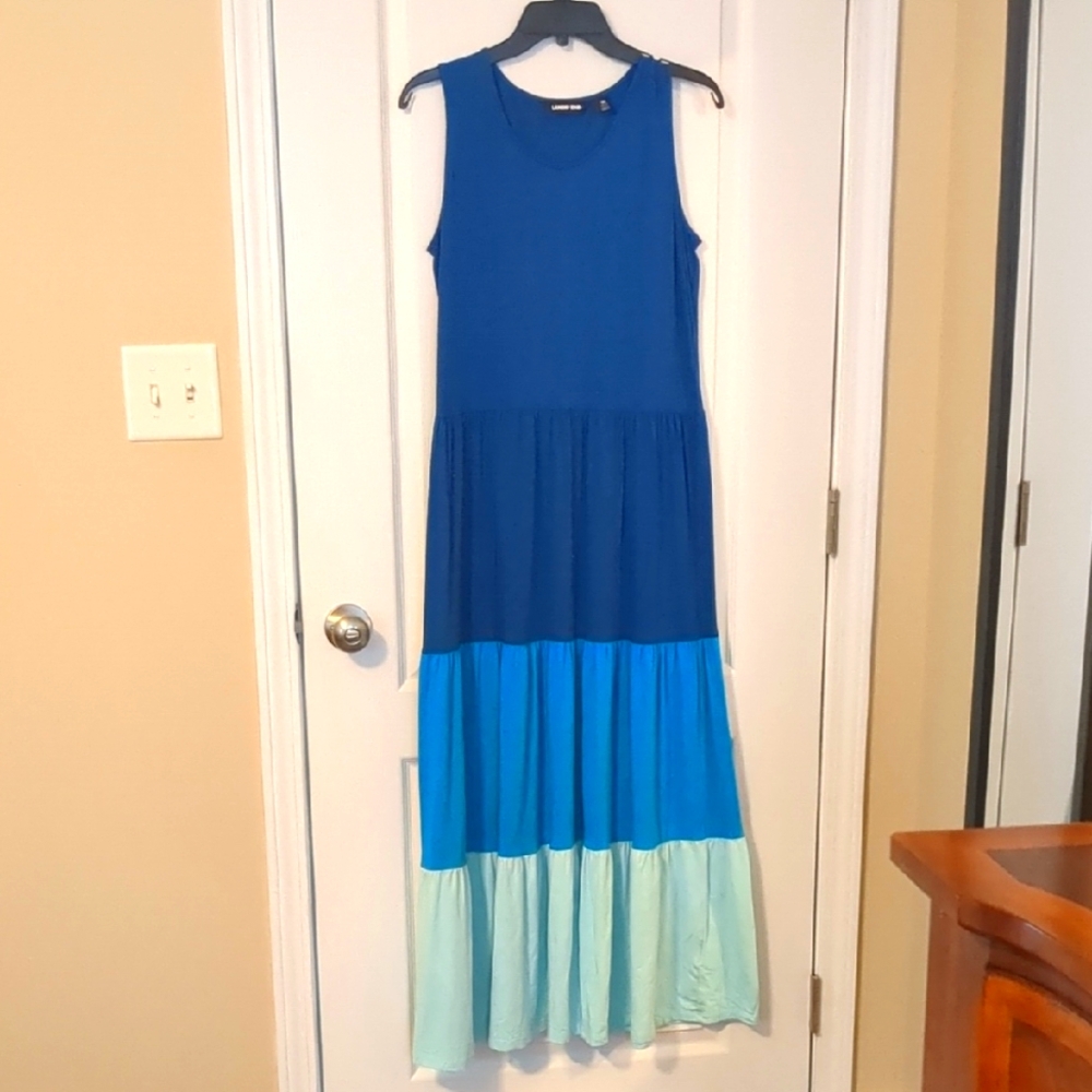 Lands' End Sleeveless Blue and Aqua Maxi Dress